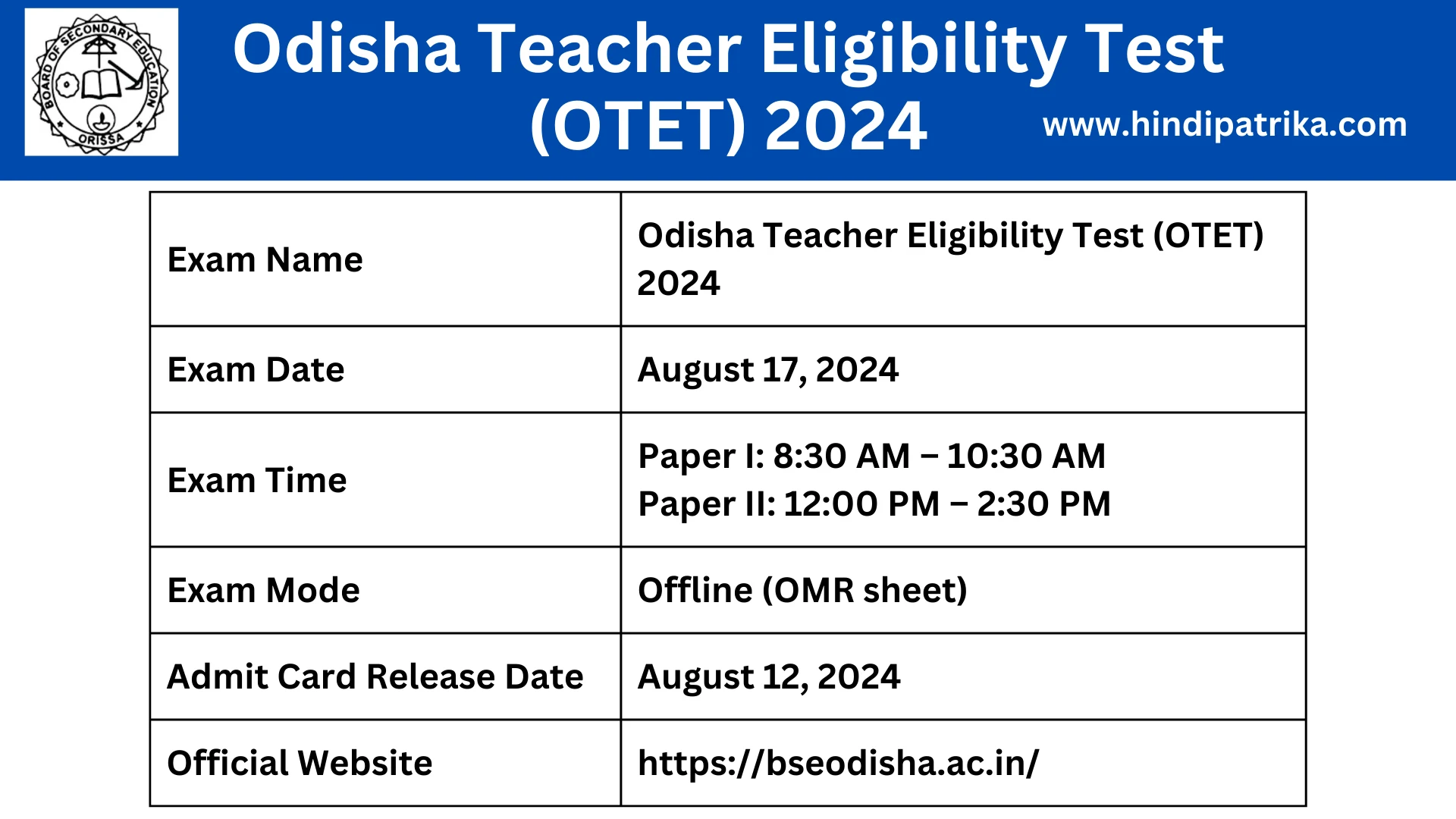 Odisha Teacher Eligibility Test (OTET) 2024 Notification, Exam date, Admit card download