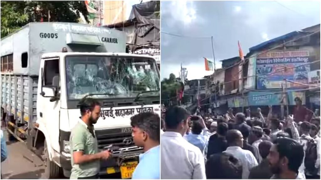 People took to the streets in Dharavi against the demolition of a part of a mosque, vandalised a BMC vehicle